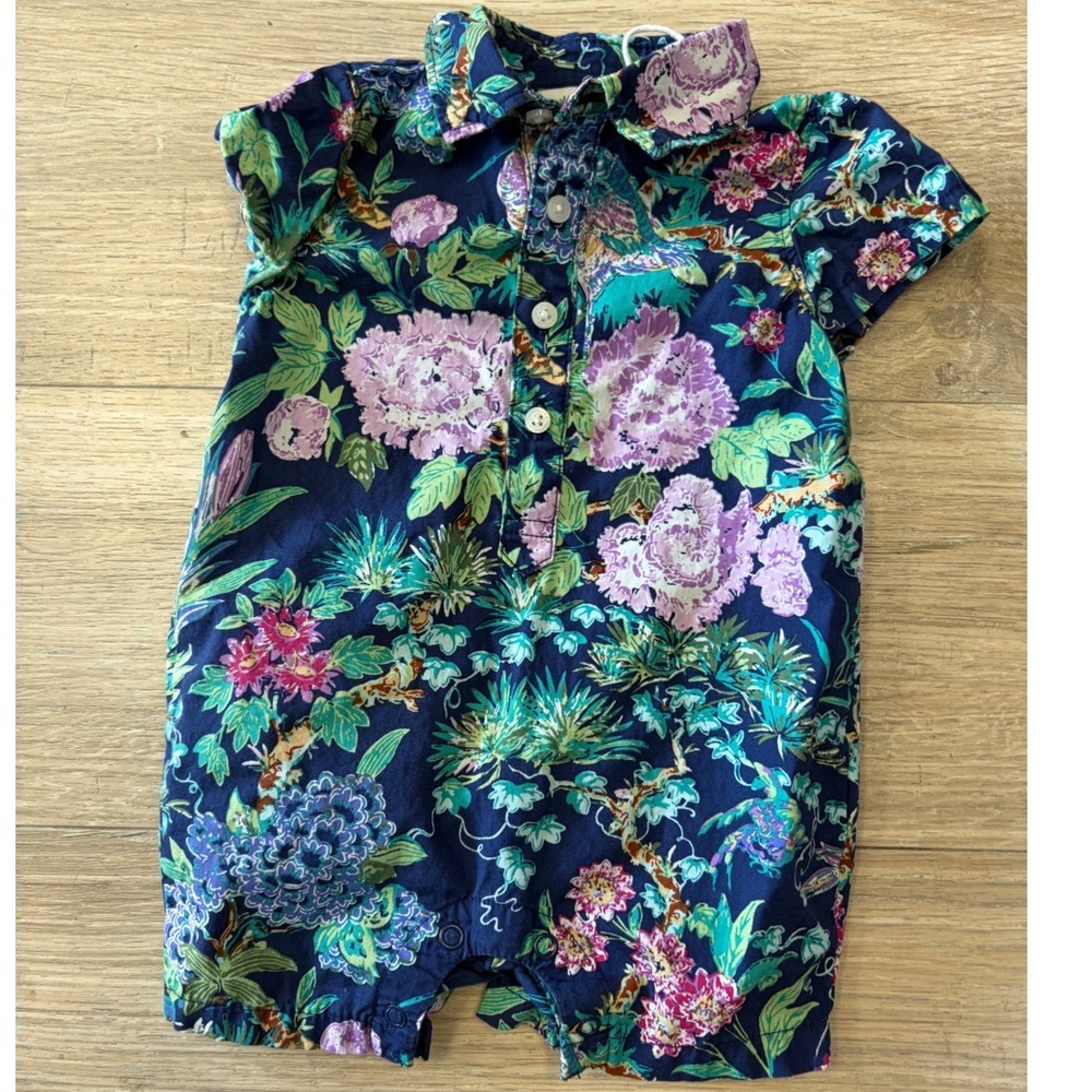 Janie and Jack Navy Blue‎ Floral Short Sleeve Romper 0-3 Months Cotton Collared